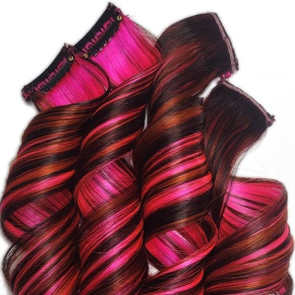 Pink Burgundy Amber Copper Double Drawn Clip in Remy Human Hair Extensions - Picture 1 of 2